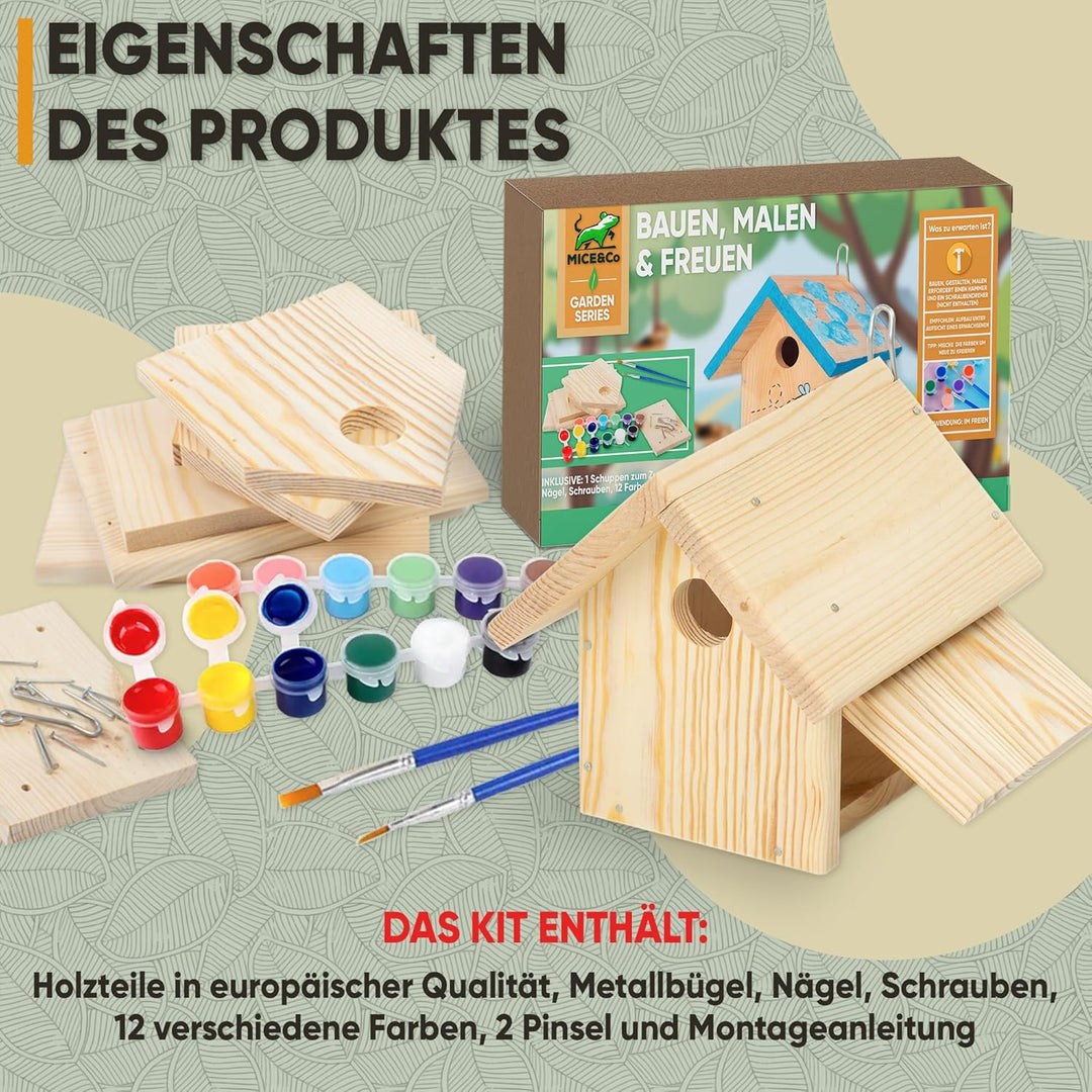 Mice&Co DIY Vogelhaus - Holzvogelhaus zum Bemalen, Nistkasten Bausatz, Montagekit mit Farben, Aussen