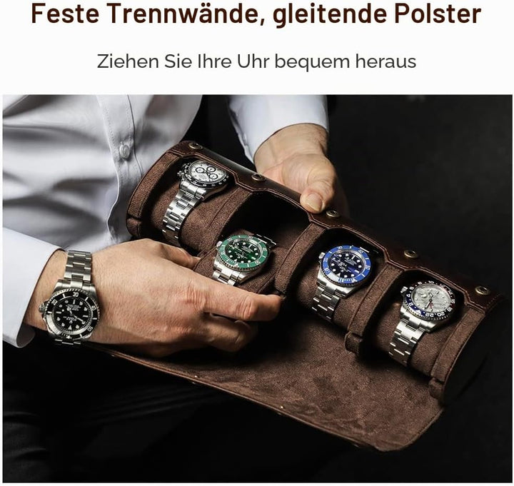 Hiram Uhren-Reiseetui für 4 Uhren, echtes Leder, Aufbewahrungsbox, Schiebekissen-Design, tragbarer U