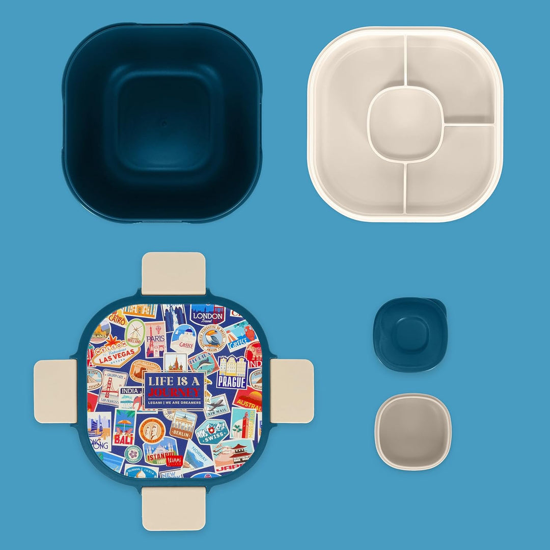 Legami – Lunchbox Travel Stickers, 1 Gabel, 1 Tablett mit Fächern, 1 herausnehmbarer Gewürzbehälter