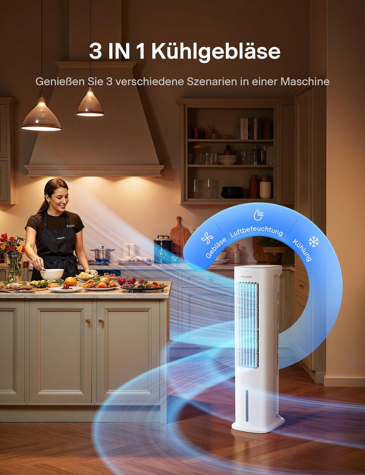 Pelonis Luftkühler, Ventilator und Luftbefeuchter mit 60° Oszillation, Klimagerät Luftreiniger mit F