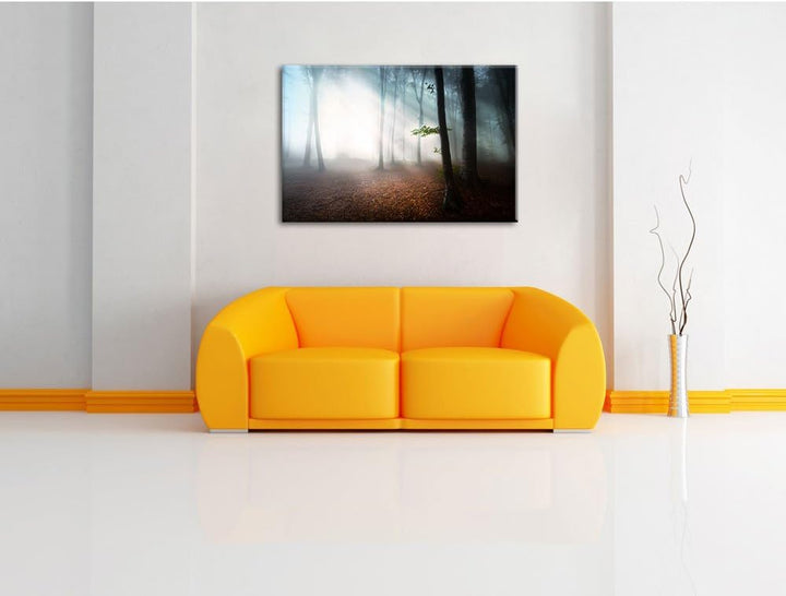 Düsterer Wald im Nebel, Format: 100x70 auf Leinwand, XXL riesige Bilder fertig gerahmt mit Keilrahme