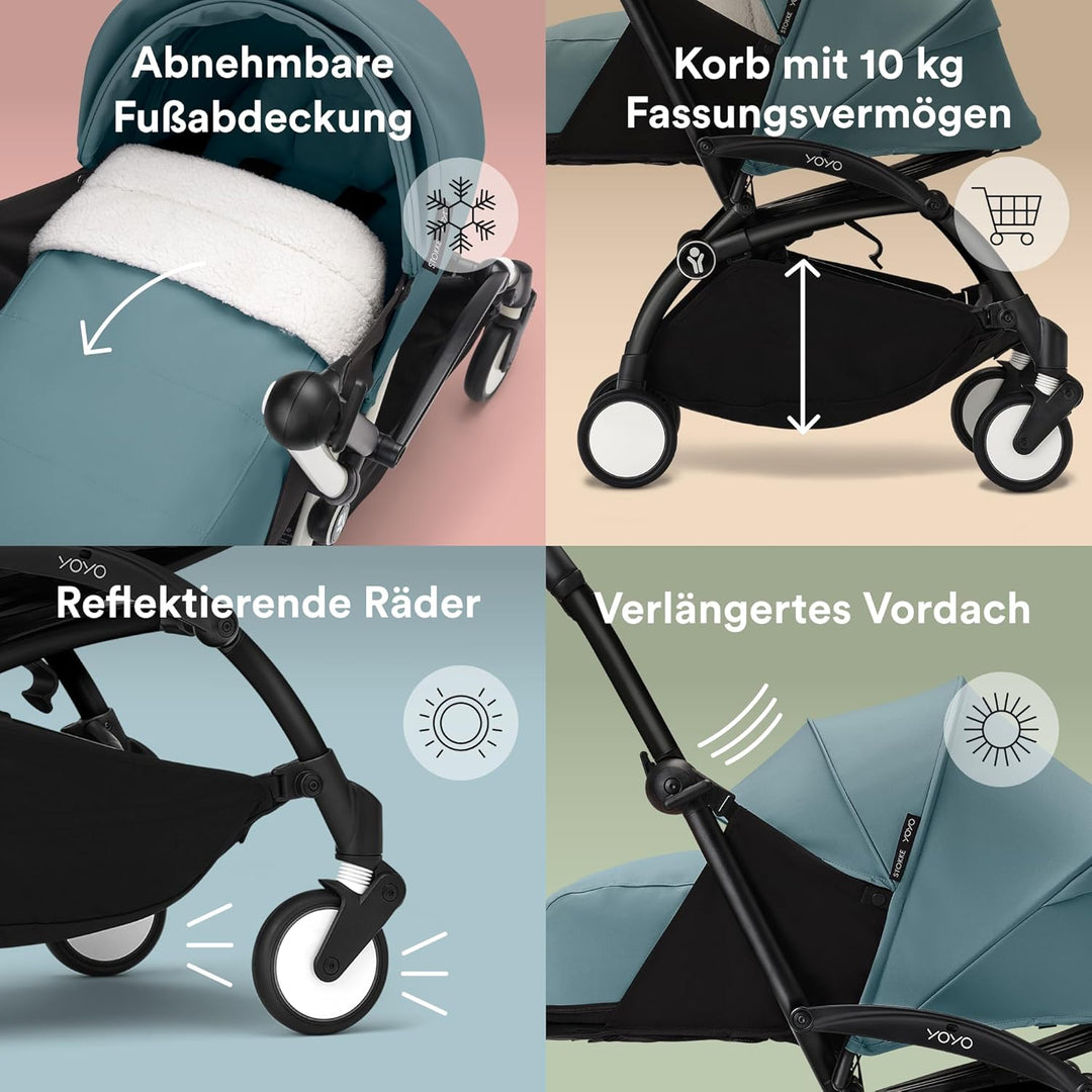 Stokke YOYO3 Gestell (Schwarz) mit 0+ Neugeborenen Set (Aqua) - Inklusive Matratze, Fünfpunktgurt, a