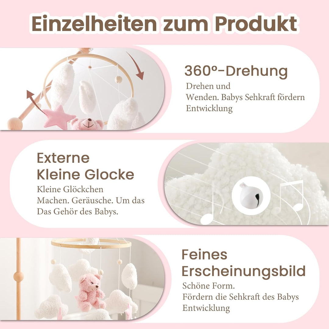 Herfair Mobile Baby Bettglocke mit Teddybär Hölz Mädchen Hängende Mobile Windspiel für Babybett Kind