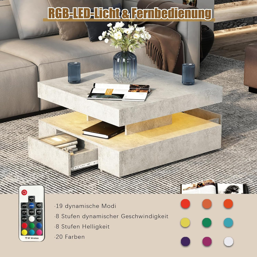Couchtisch LED, Wohnzimmertisch mit 2 Schubladen für Wohnzimmer 78 x 78 x 40cm (Grau), Grau