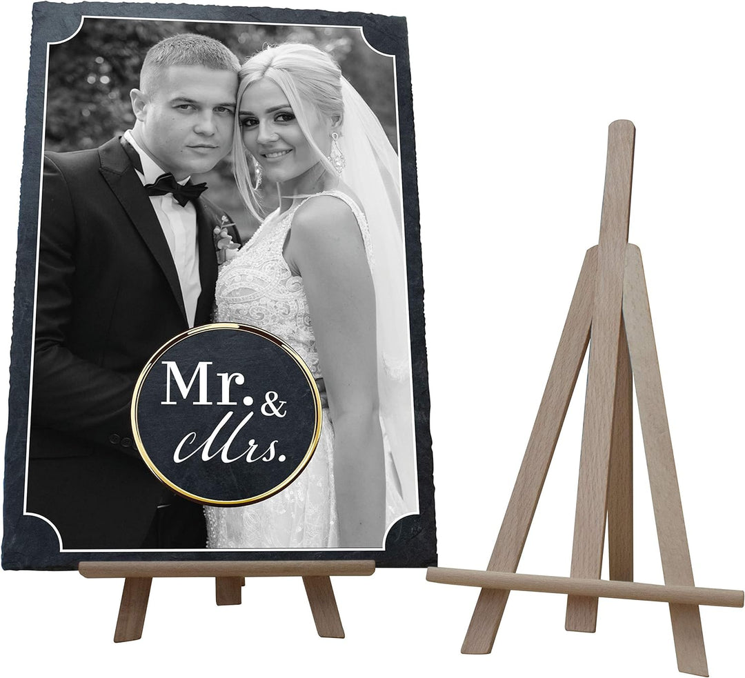 wandmotiv24 Schiefertafel Hochzeit Mr. & Mrs. mit Staffelei, Personalisierbar Digitaldruck Schwarzwe