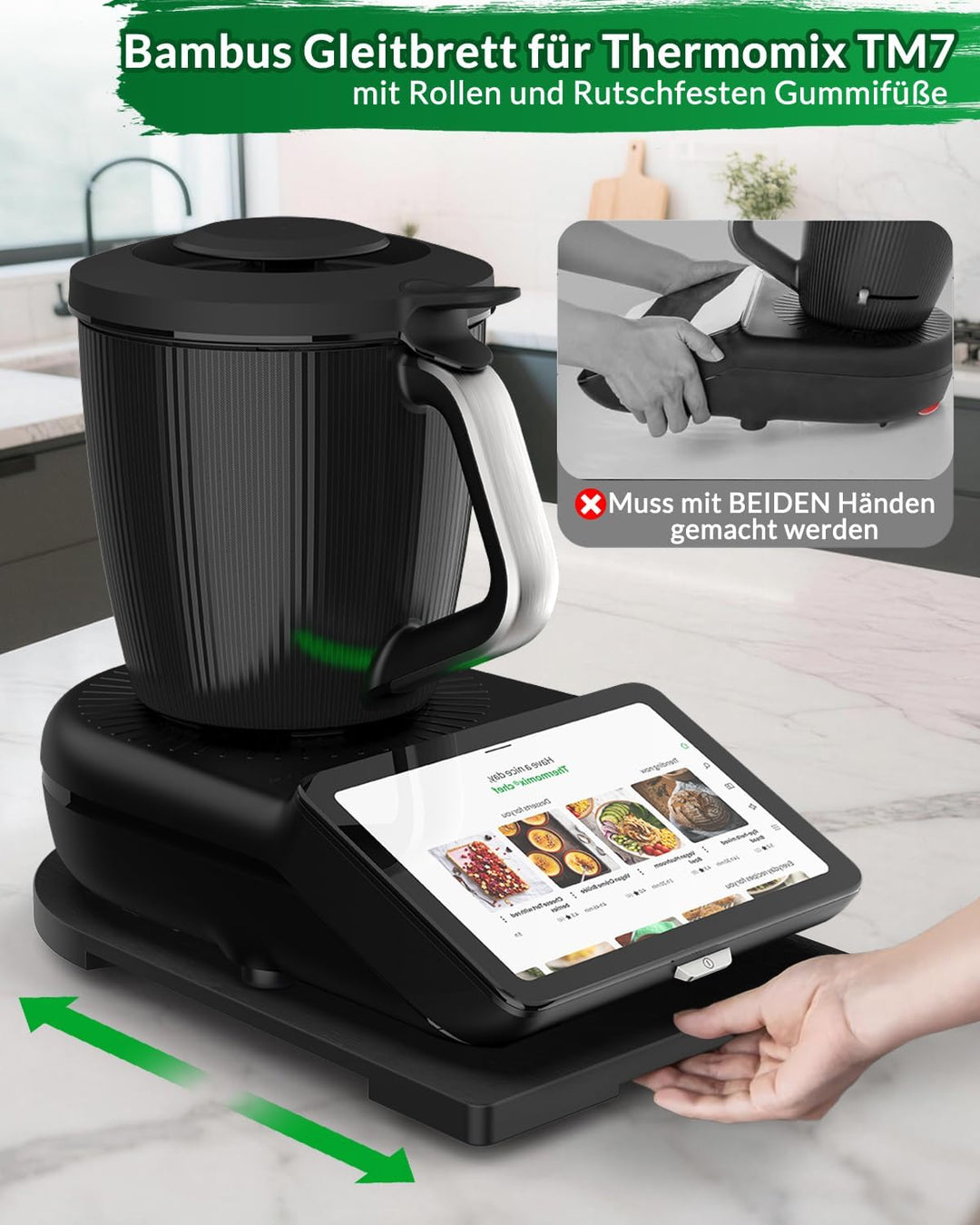 Bambus Gleitbrett für Thermomix TM7 - Zubehör für TM7 mit Rollen und rutschfest Gummifüsse, Schützt
