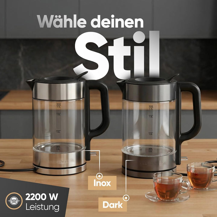 ProfiCook® Wasserkocher Glas | 1,7L | 2200W | beleuchtet | BPA frei | Einhandbedienung | 360° drehba