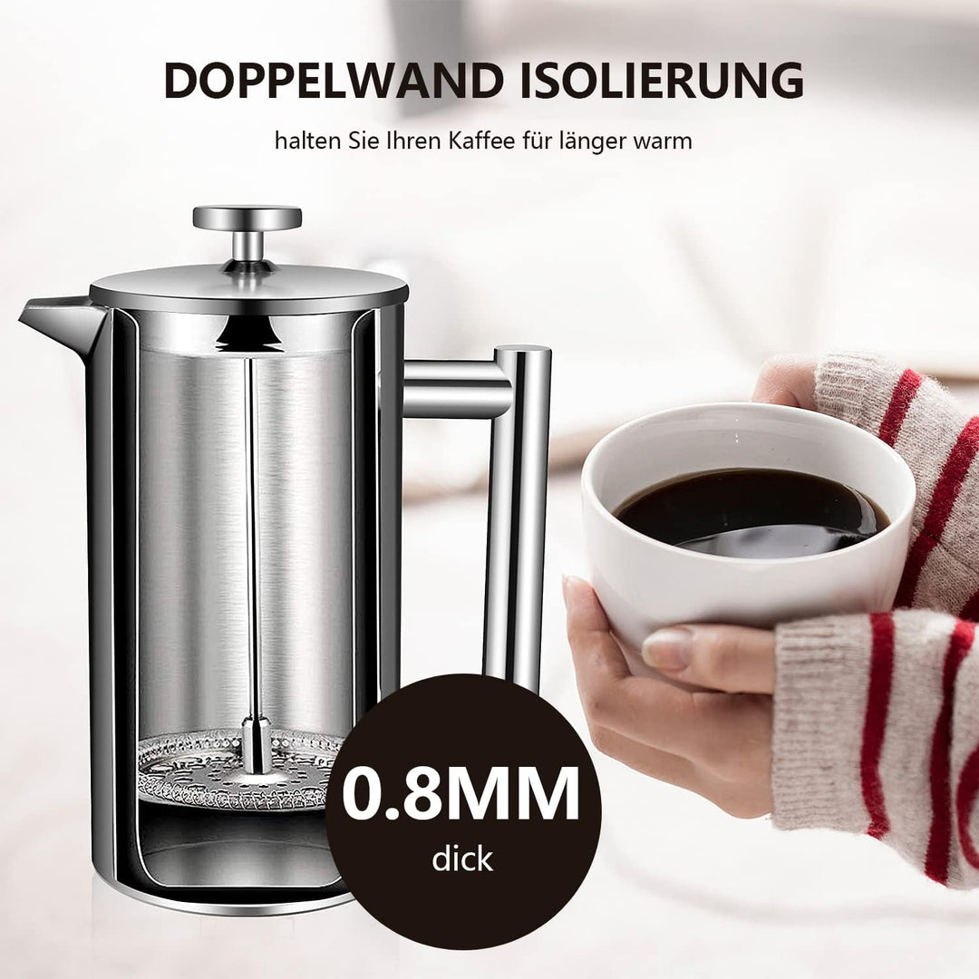 OZAVO Kaffeebereiter 1L French Press Edelstahl Thermo mit 5 Edelstahlfilter Doppelwandig Isoliert Sy