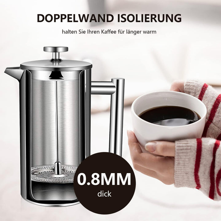 OZAVO Kaffeebereiter 1L French Press Edelstahl Thermo mit 5 Edelstahlfilter Doppelwandig Isoliert Sy