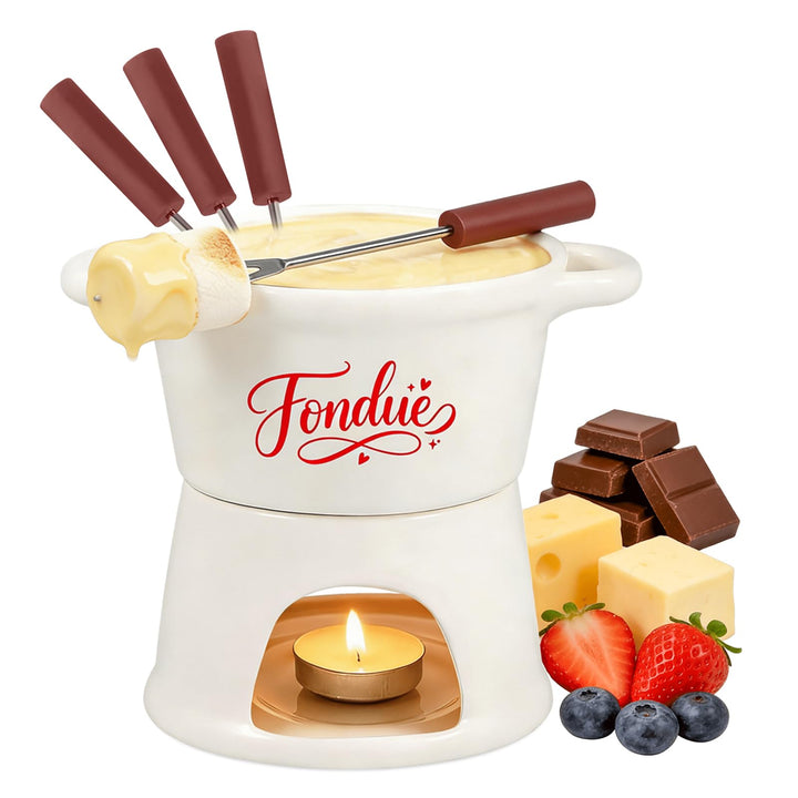 Yoassi Keramik Käsefondue Set, Mini Schokoladenfondue Tasse, Käsebecher mit 4 Gabeln, zum Schmelzen