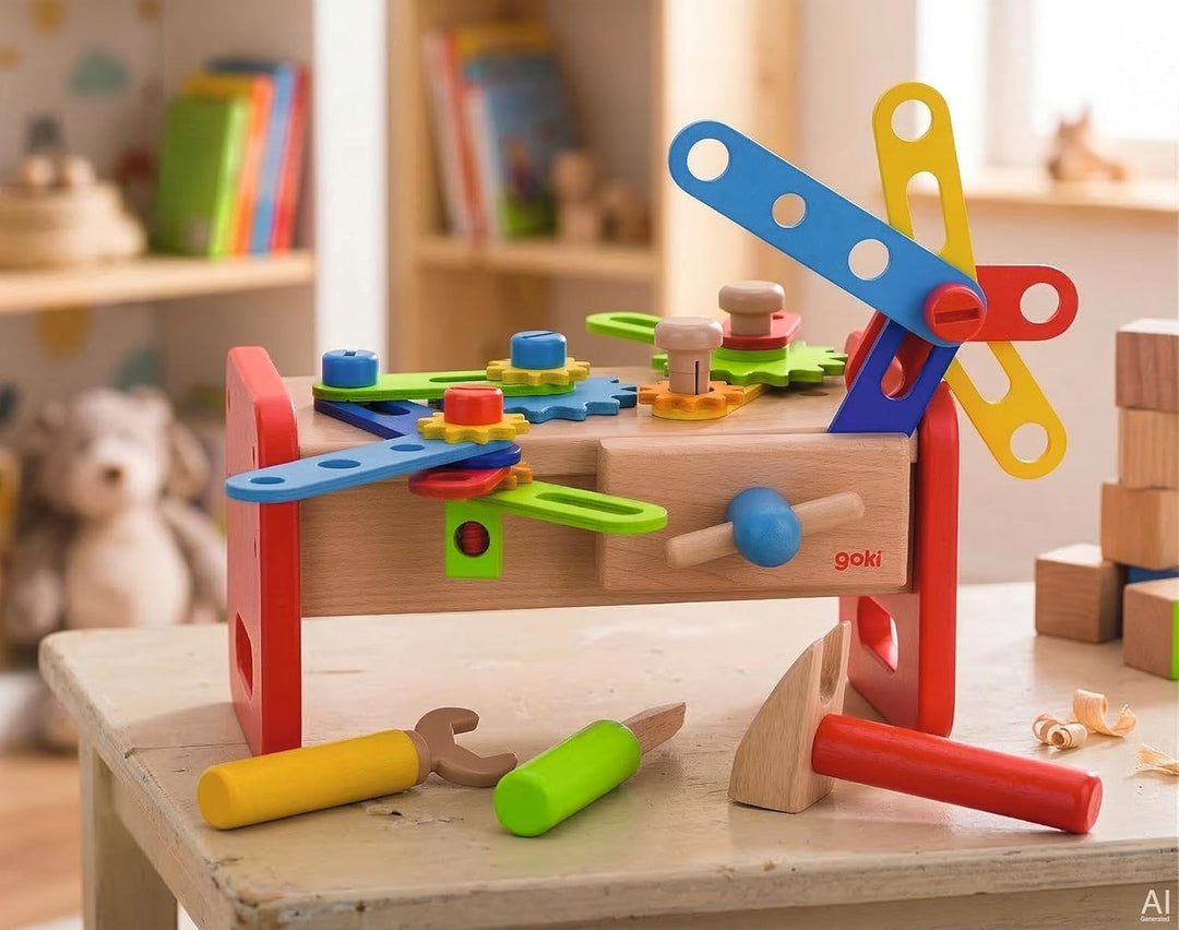 goki 58501 - Werkbank aus Holz & Kunststoff, Holzspielset für Heimwerker inkl. Hammer, Schrauben, Dr