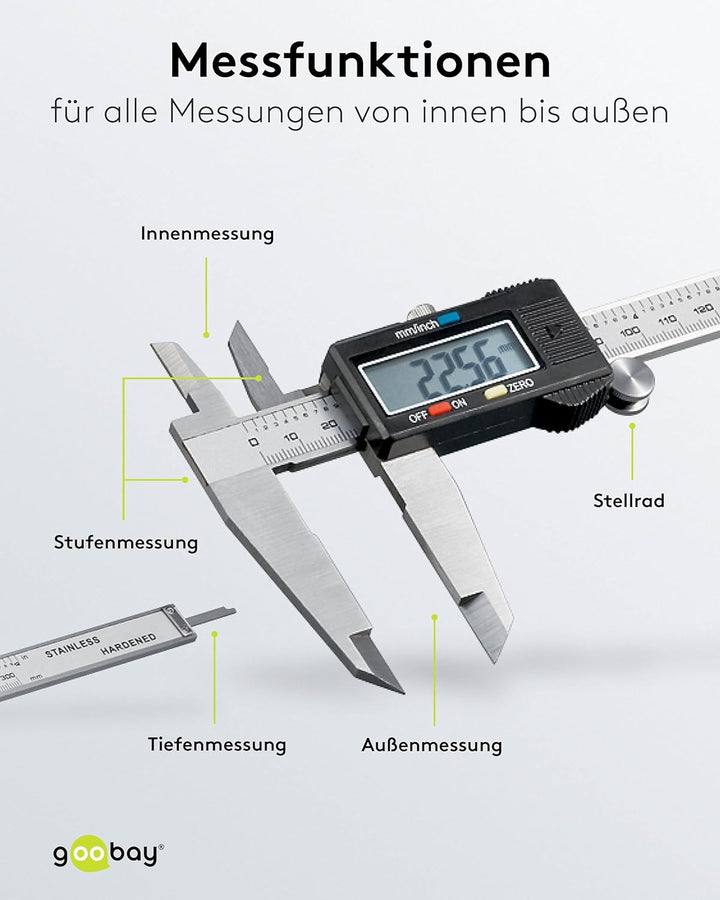 Goobay 77139 Messschieber digital 0 - 300 mm / Elektrische Schieblehre digital 12 Zoll / Für Tiefen-