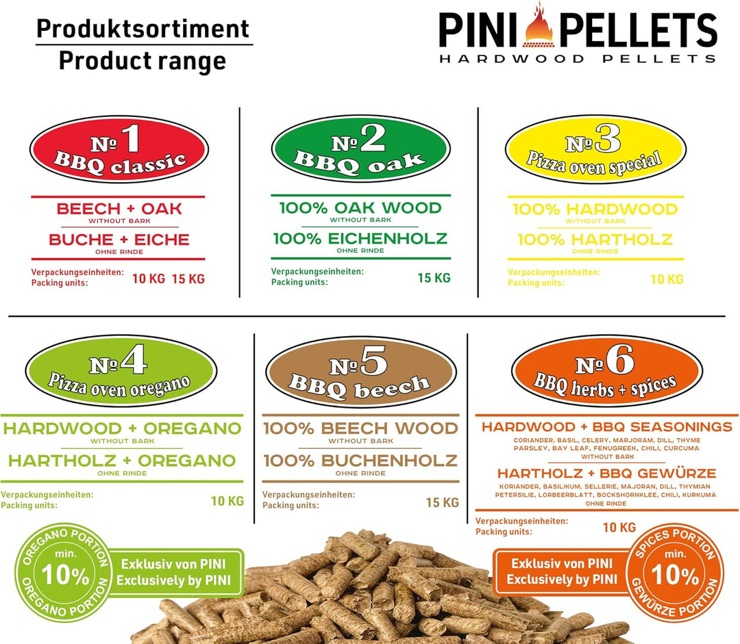 PINI Hartholzpellets № 7 BBQ Pizza Oven Basilikum 10 Kg Grillpellets zum Grillen Räuchern Smoken