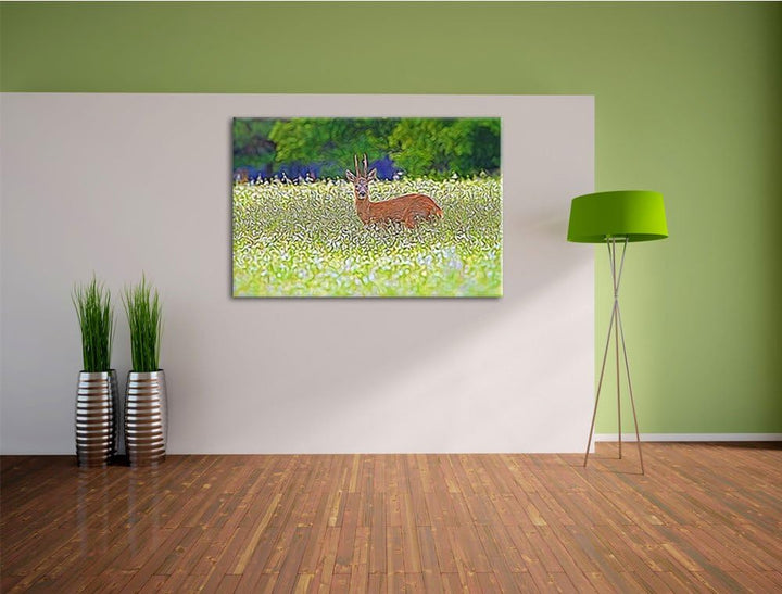 junger Hirsch auf Wildwiese NewArt Format: 100x70 cm auf Leinwand, XXL riesige Bilder fertig gerahmt
