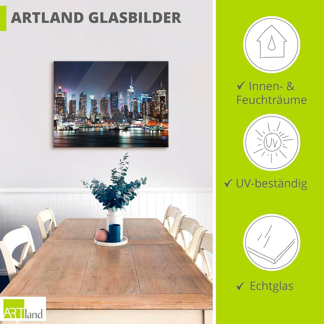 ARTland Glasbilder Wandbild Glas Bild einteilig 80x60 cm Querformat USA New York Skyline Nacht Times