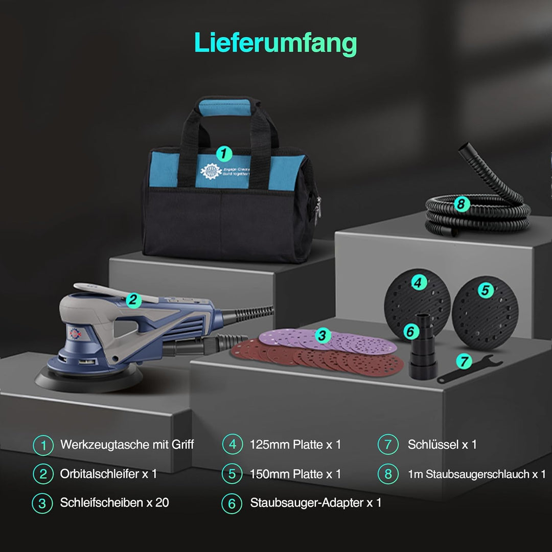 Bürstenloser Exzenterschleifer mit 125mm/150mm Schleifteller, 350W Schleifmaschine für Holz mit 20 S