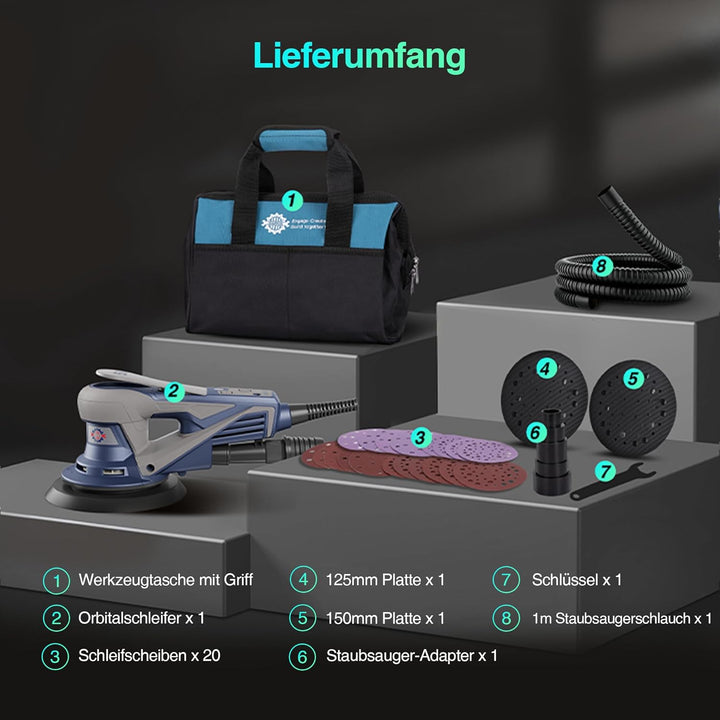 Bürstenloser Exzenterschleifer mit 125mm/150mm Schleifteller, 350W Schleifmaschine für Holz mit 20 S