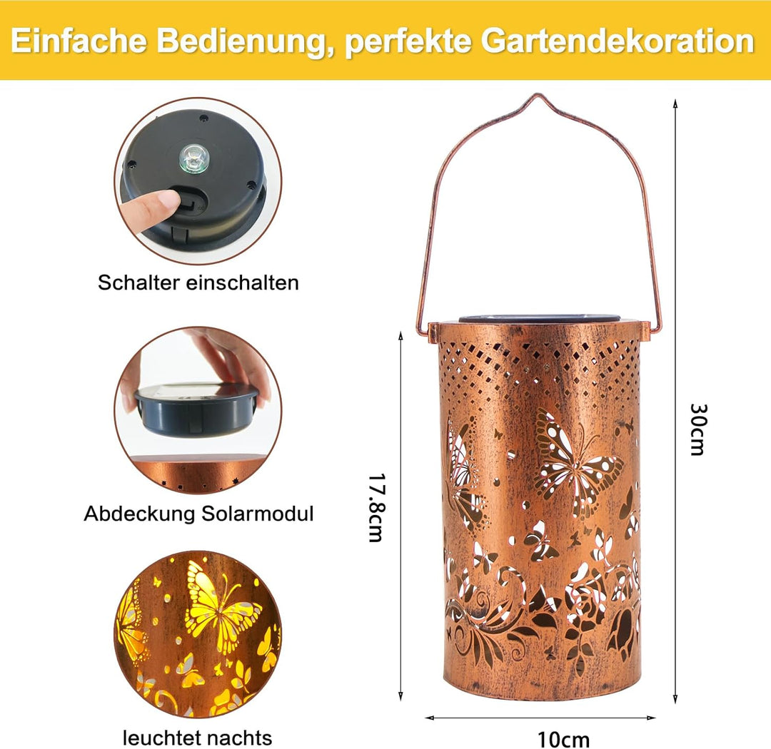 Solar Laternen Outdoor Hängelaternen, Schmetterling ausgehöhlte Metalldekoration Laterne, wasserdich