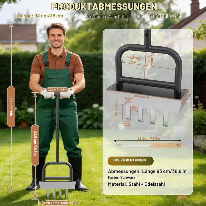 Rasenlüfter mit Auffangschale – Handbelüfter mit 3 Hohlspoons, T-Griff, Robustes Rasenbelüftungsgerä