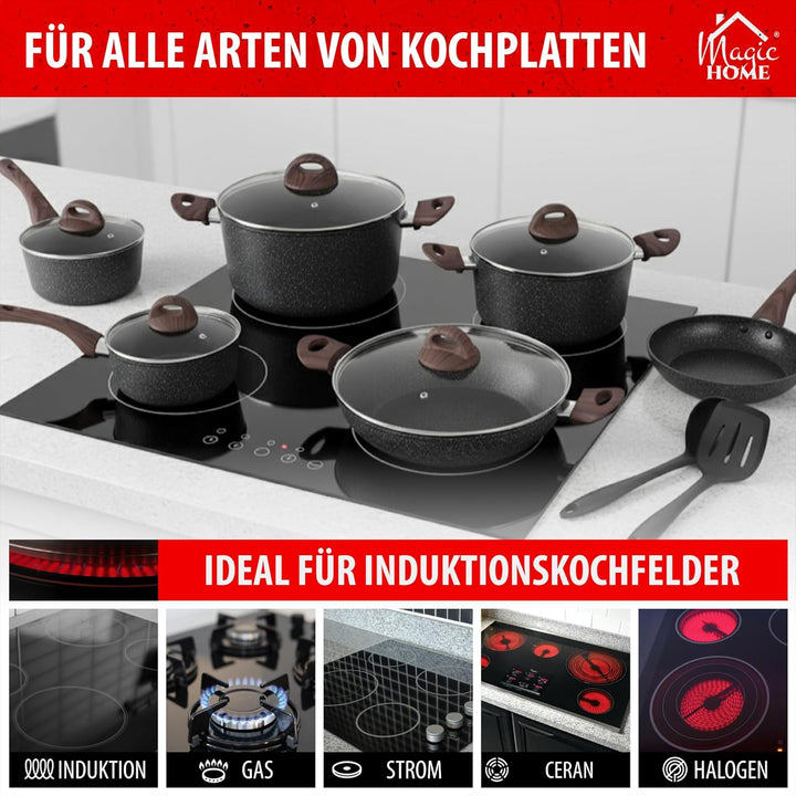MAGIC HOME Topfset INDUKTION 13-tlg | Aluguss Pfannenset & Kochtopf Set | Marmor Antihaft Bratpfanne