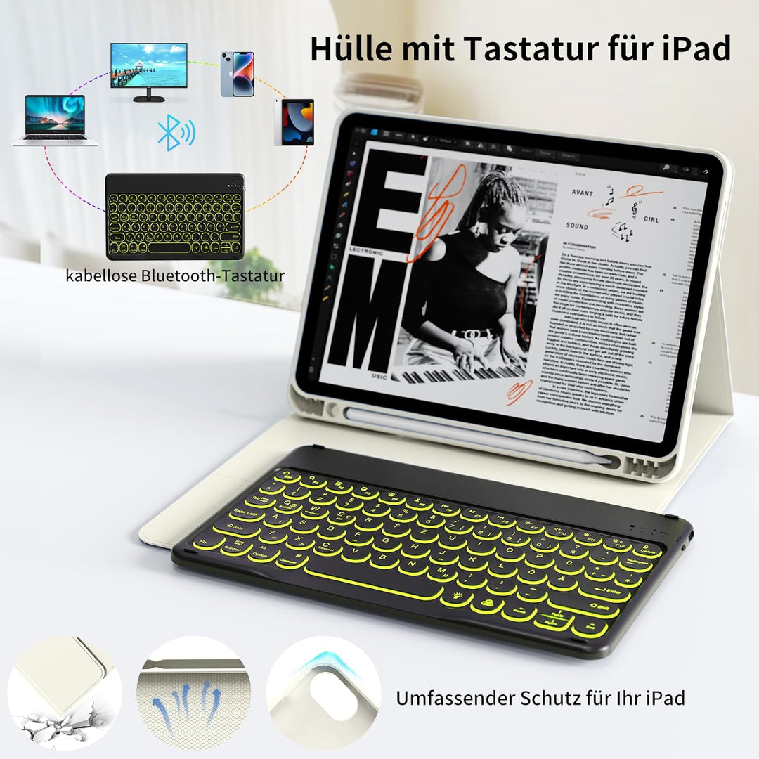 Hülle mit Tastatur Kompatibel mit iPad Air 6./ 5./ 4. Generation 11 Zoll M2/10,9 Zoll, 7 Farbige Bel