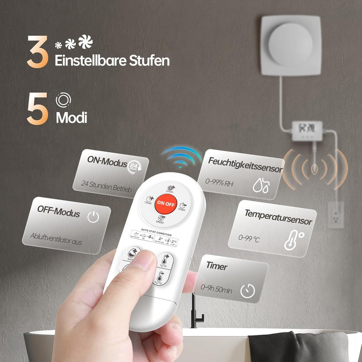Abluftventilator mit Feuchtigkeitssensor & Temperatursensor, 3 Stufen, Fernbedienung, Timer & 24h-Mo