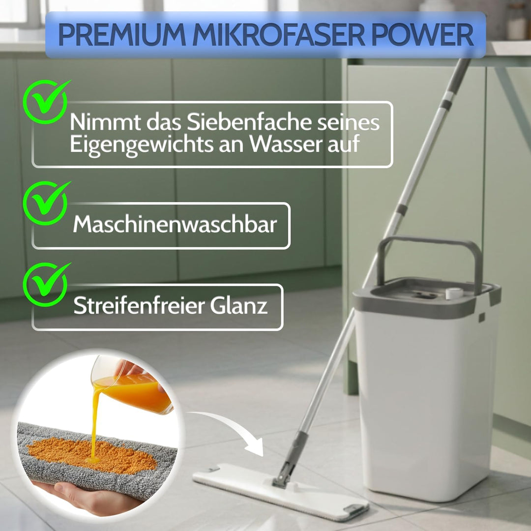 Allyson® Wischmopp Set mit Eimer, 3 Kammer System, inkl. 15 Mopptücher | Integrierter Haarentferner,