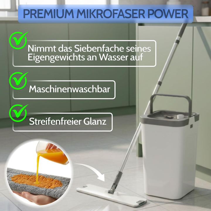 Allyson® Wischmopp Set mit Eimer, 3 Kammer System, inkl. 15 Mopptücher | Integrierter Haarentferner,
