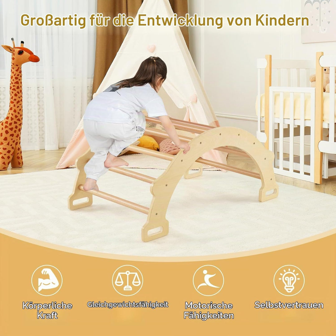 HOMASIS Kletterbogen mit Kissen, Holz Klettergerüst Indoor, Montessori Holzwippe Bogenwippe zum Wipp