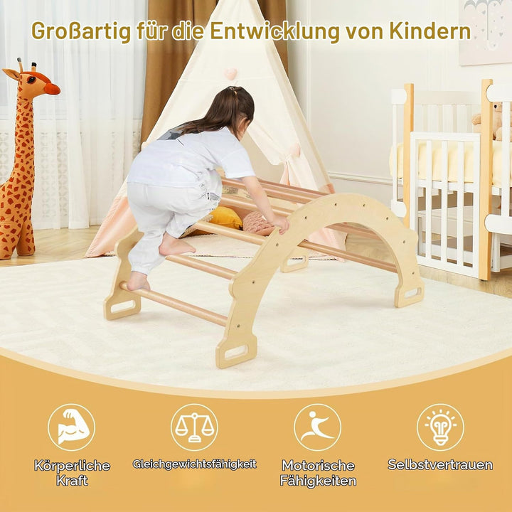 HOMASIS Kletterbogen mit Kissen, Holz Klettergerüst Indoor, Montessori Holzwippe Bogenwippe zum Wipp