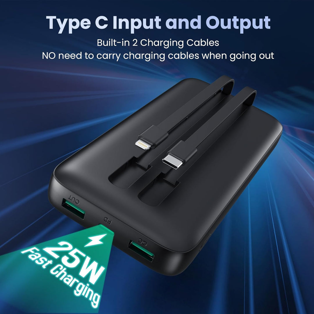 Power Bank USB C mit Kabel 26800mAh, PD 25W QC4.0 Schnellladung Powerbank, 5 Ausgängen Externe Handy