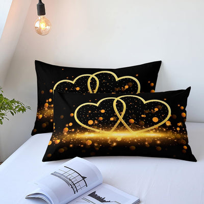 Freyamy 3D Herz Bettwäsche 220x240cm 3teilig Schwarz Gold Herzmotiv Liebe Luxus Bettwaren-Sets Mikro