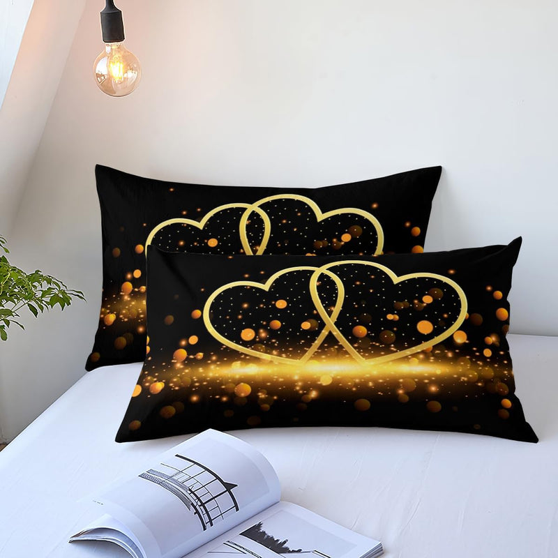 Freyamy 3D Herz Bettwäsche 220x240cm 3teilig Schwarz Gold Herzmotiv Liebe Luxus Bettwaren-Sets Mikro