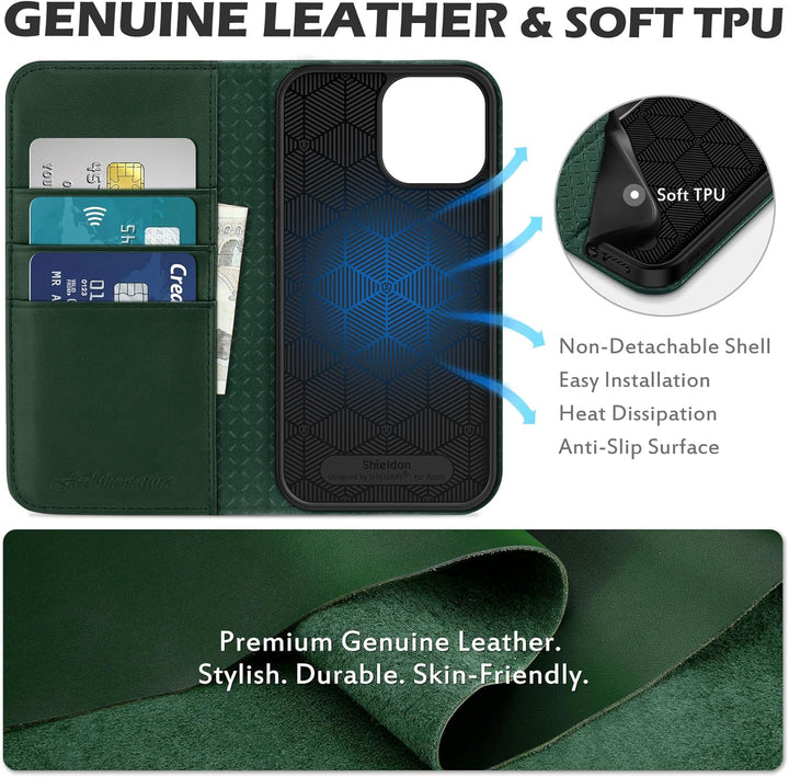 SHIELDON Hülle für iPhone 13 Pro Max Lederhülle [Echtleder] [RFID-Sperre] [Kartenfach] [Magnet] TPU