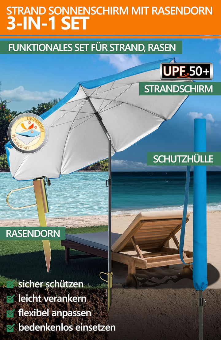 4smile SunnyJoy 3-IN-1 Set mit Sonnenschirm Strand in Blau - Strandschirm windfest stabil 180 cm mit