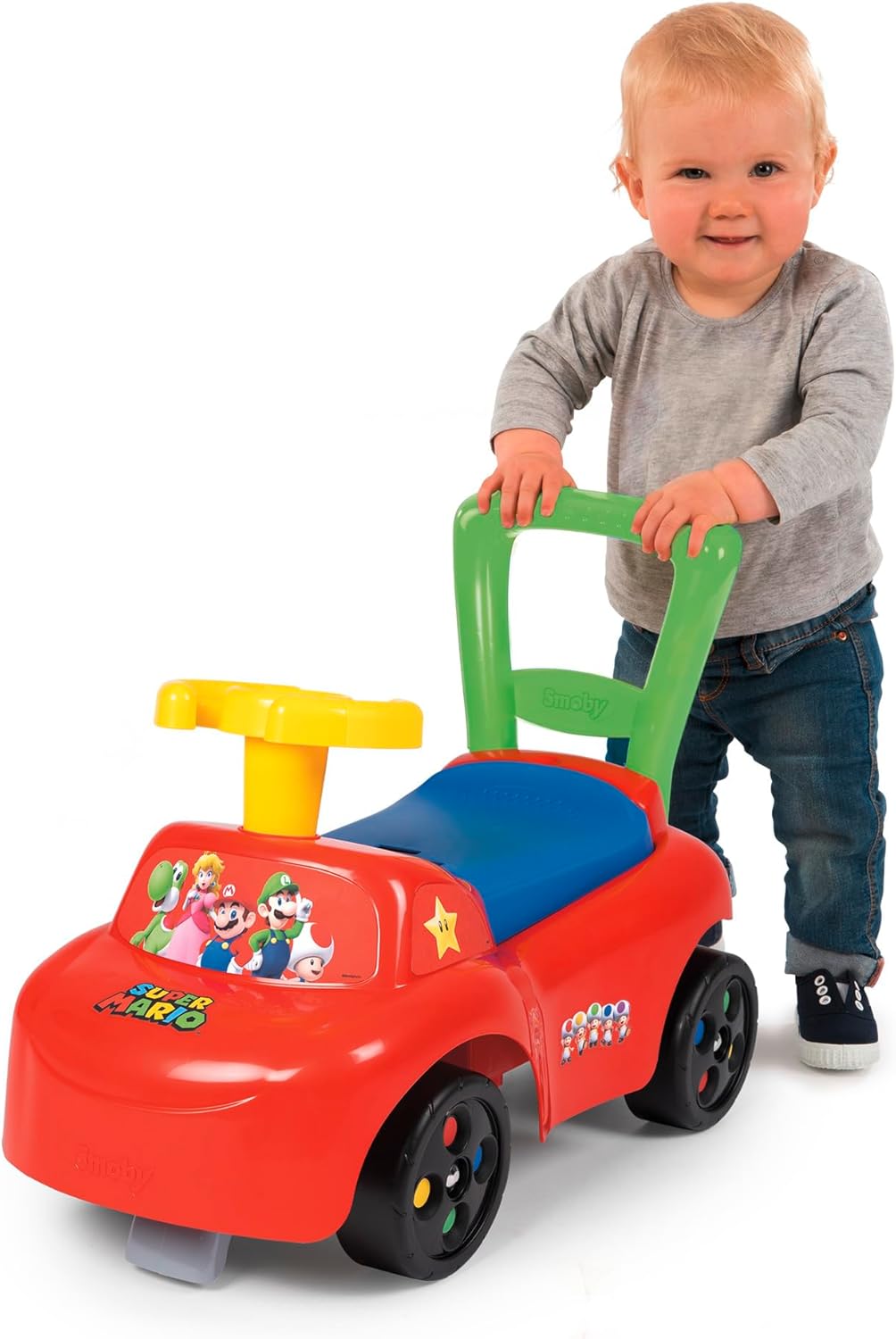 Smoby - Super Mario Auto - Rutscherfahrzeug - Kinderfahrzeug mit Staufach und Kippschutz, für drinne