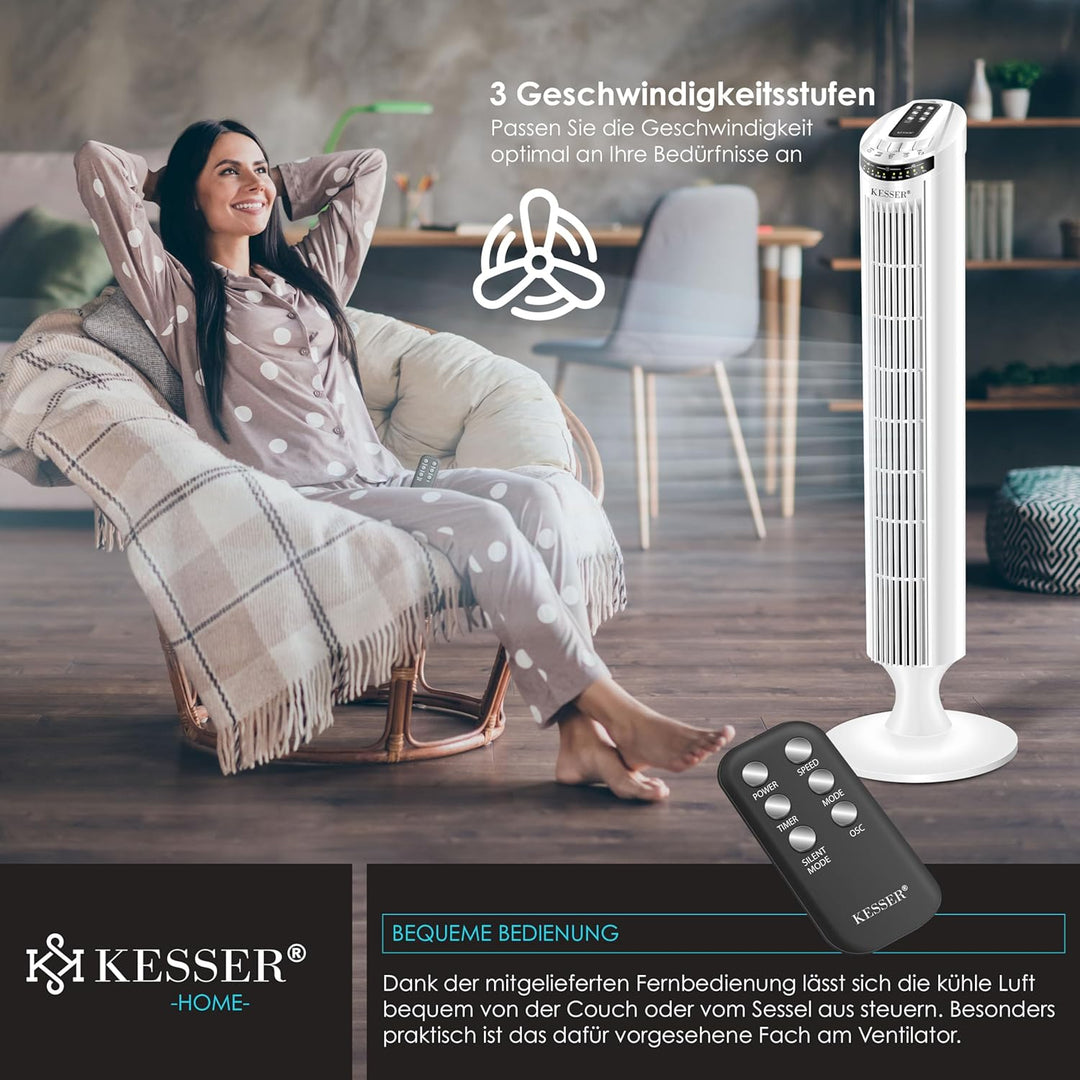 KESSER® Turmventilator mit Fernbedienung | 90° Oszillationswinkel | 3 Stufen | 90 cm |+ Timerfunktio