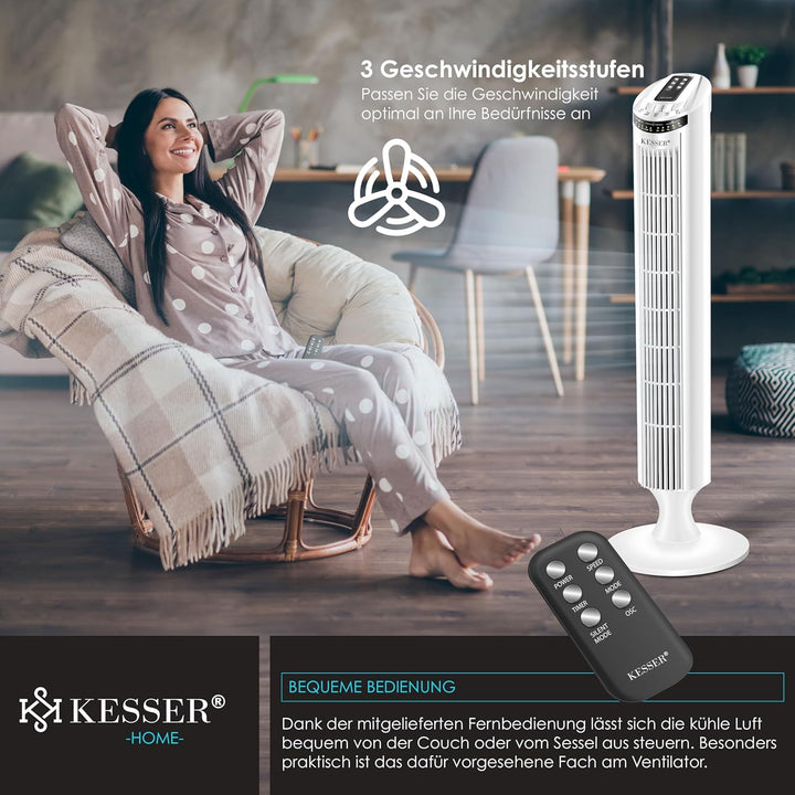 KESSER® Turmventilator mit Fernbedienung | 90° Oszillationswinkel | 3 Stufen | 90 cm |+ Timerfunktio