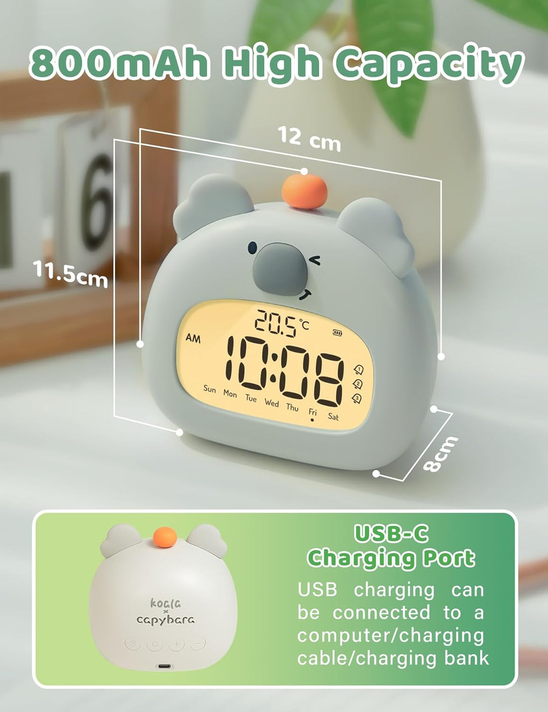 IHALO Koala Kinderwecker, Nachttischwecker mit Koala Nachtlicht, digitales LED-Display, 3,15 Zoll, D