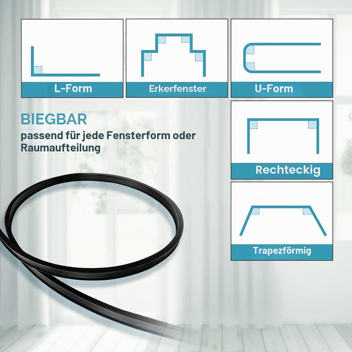 Deckenvorhangschiene, flexible Vorhangschiene, Deckenwand, schwarz, biegbar, montiert, strapazierfäh