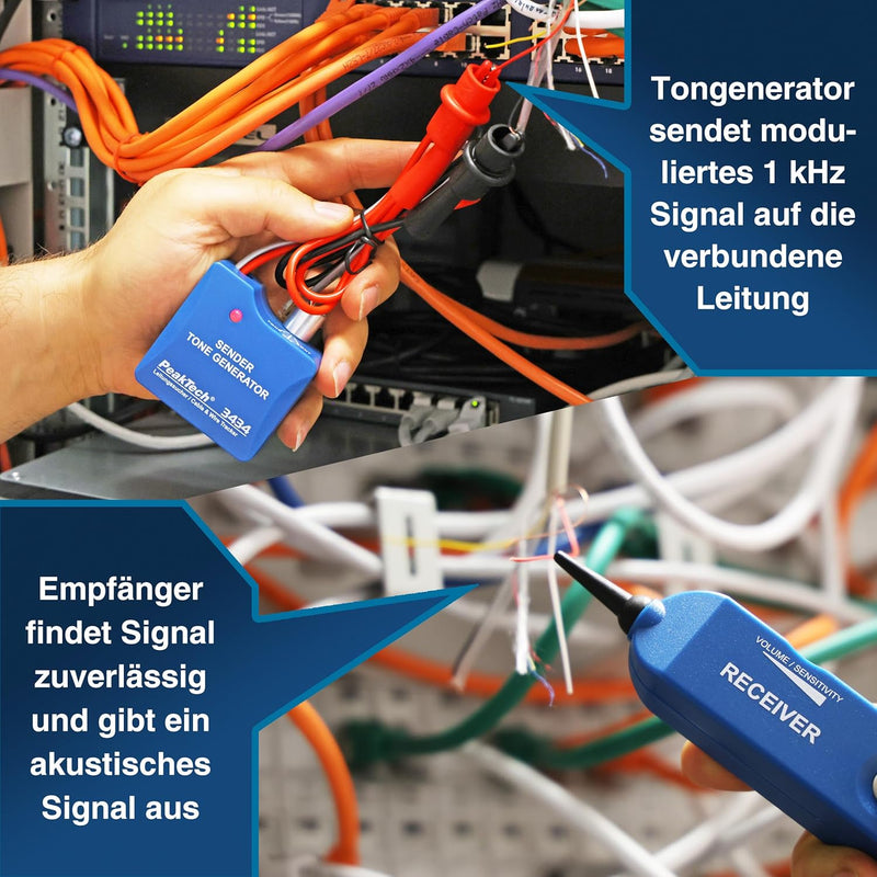 PeakTech 3434 – Leitungssucher für Leitungen und Telefonkabel mit Durchgangsprüfer und Tonsignal, Kr