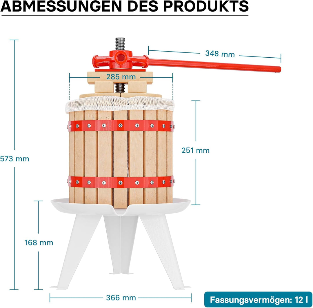 Wiltec 12L Obstpresse aus Buchenholz inkl. Presstuch, manuelle Weinpresse mit 240x270mm Korb, Apfelp