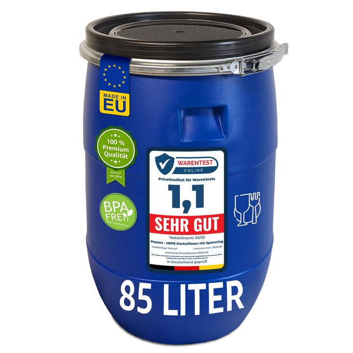 plasteo® 85 Liter Weithalsfass mit Deckel und Spannring, Lebensmittelecht BPA-Frei, Futtertonne Kuns