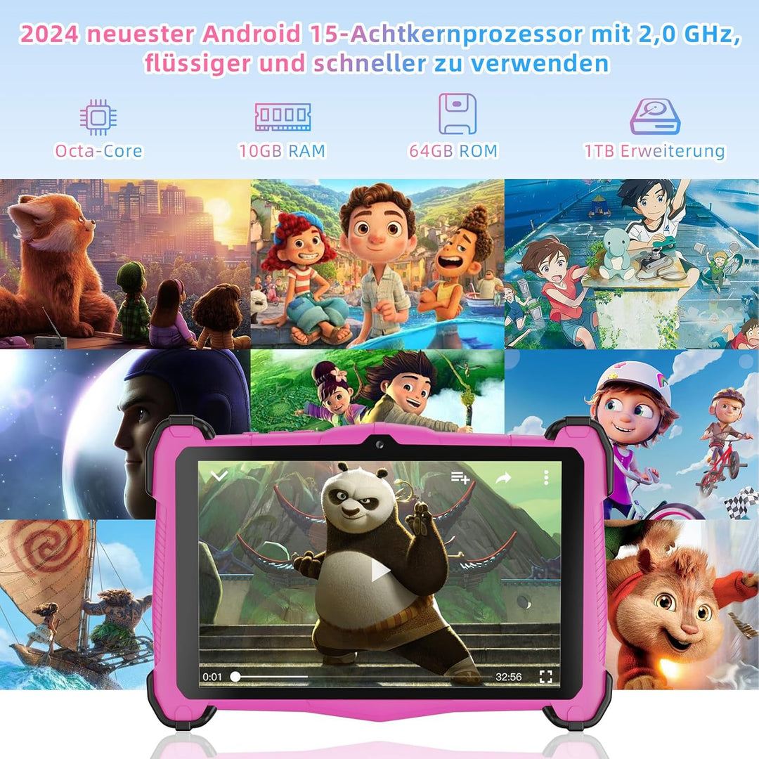 Kinder Tablet 7 Zoll Android 15, Tablet Kinder Sturzschutzgehäuse mit 10GB RAM + 64GB ROM (TF 1TB),