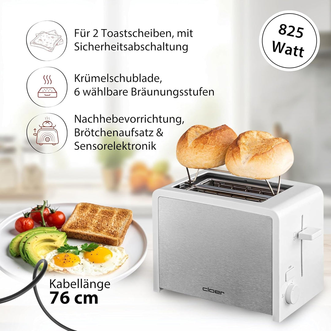 Cloer 3211 Toaster, 825 W, für 2 Toastscheiben, integrierter Brötchenaufsatz, Nachhebevorrichtung, K