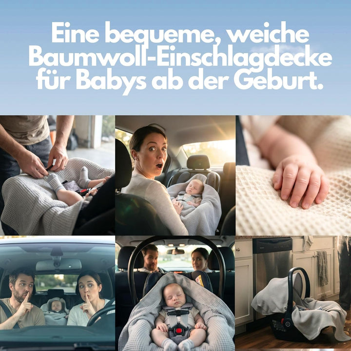 Musselin Einschlagdecke Baby für Babyschale & Kinderwagen - Universal 3/5-Punkt-Gurt - 100% Baumwoll