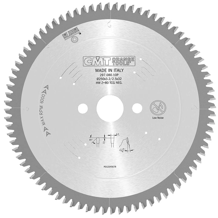 CMT Orange Tools Kreissägeblatt HW 250 x 3,2 / 2,5 x 32 Z=80 TCG - 297.080.10P - für eisenfreies Mat