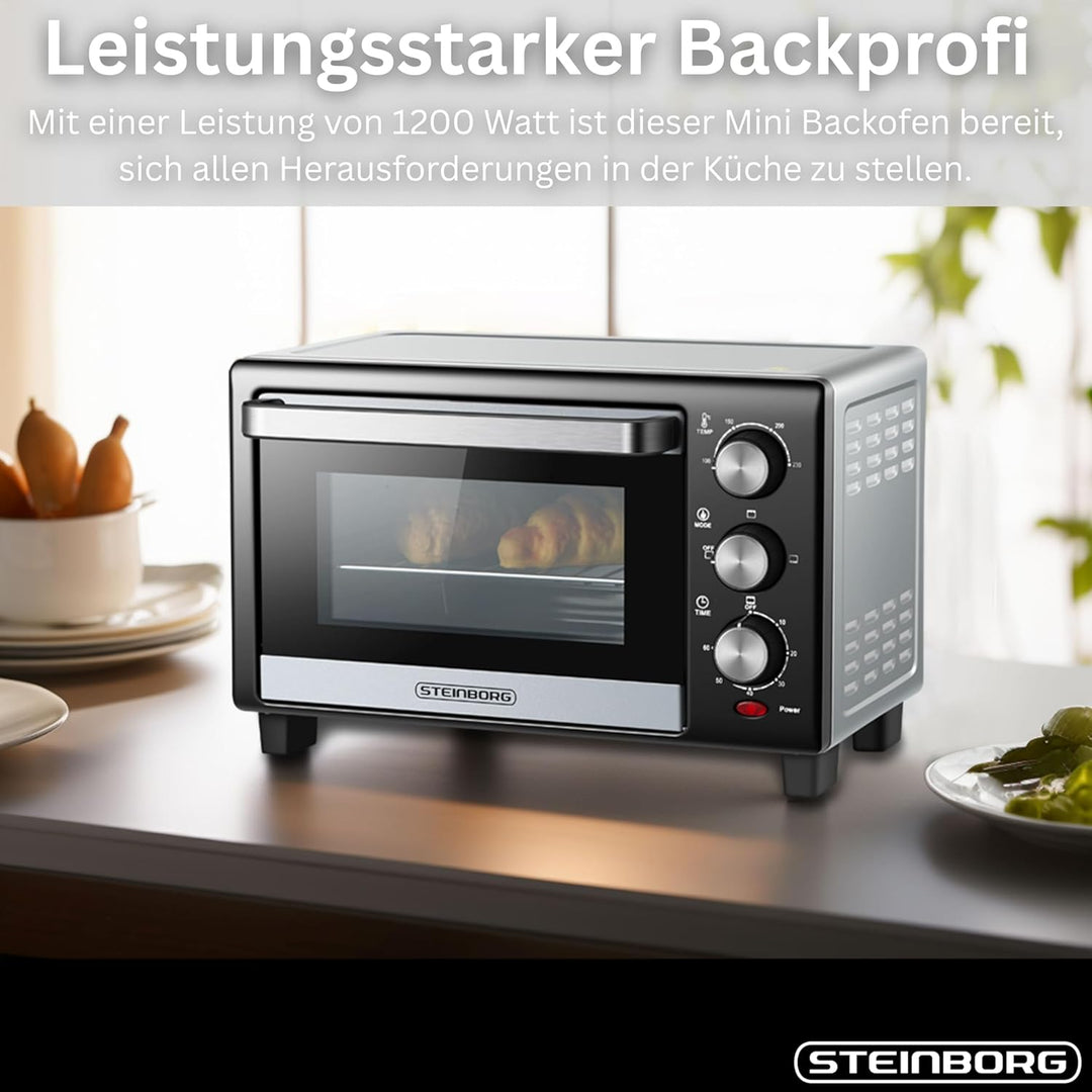 Mini Backofen 15 Liter | Pizzaofen | Minibackofen | 60 min Timer | 100°-230°C | 1200 Watt | Backofen
