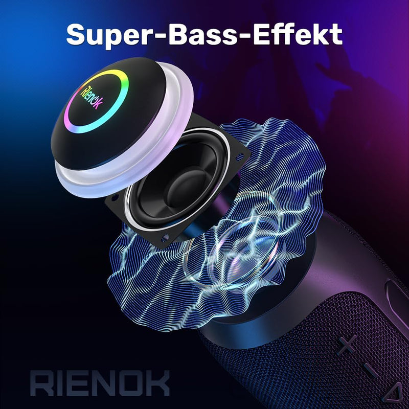 RIENOK Bluetooth Lautsprecher LED Bluetooth 5.3 Klein Tragbar Musikbox Stereo Kabellos Box mit 10 St