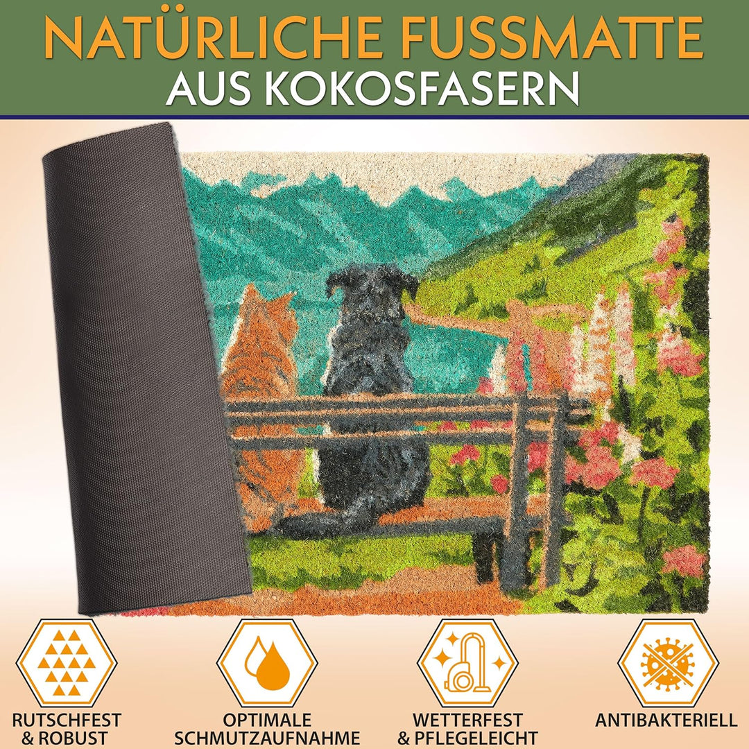 BRUBAKER Fussmatte für Aussen und Innen - Hund und Katze auf Bank vor Bergsee mit Blumen - 45 x 75 c